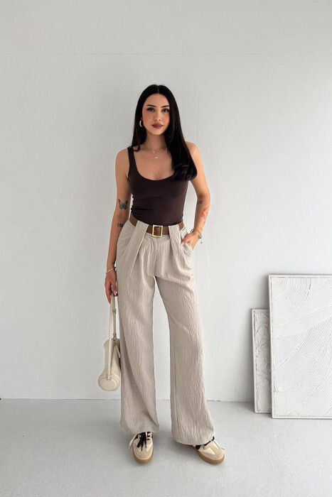 LINEN BLEND BELT DETAIL WOMAN TROUSERS BEIGE/BEZHE - KLAUDIO FASHION