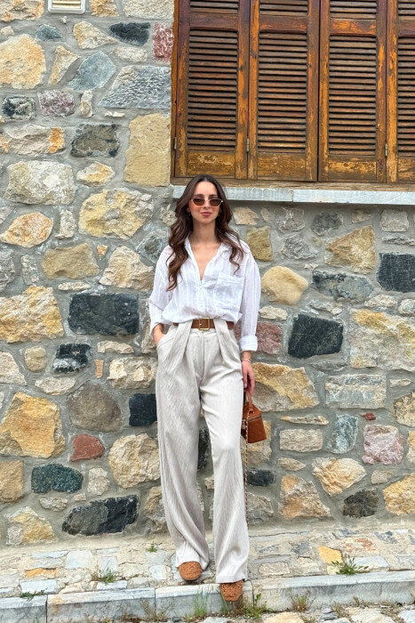 PANTALLONA LINO PER FEMRA NE NGJYRE BEZHE - KLAUDIO FASHION