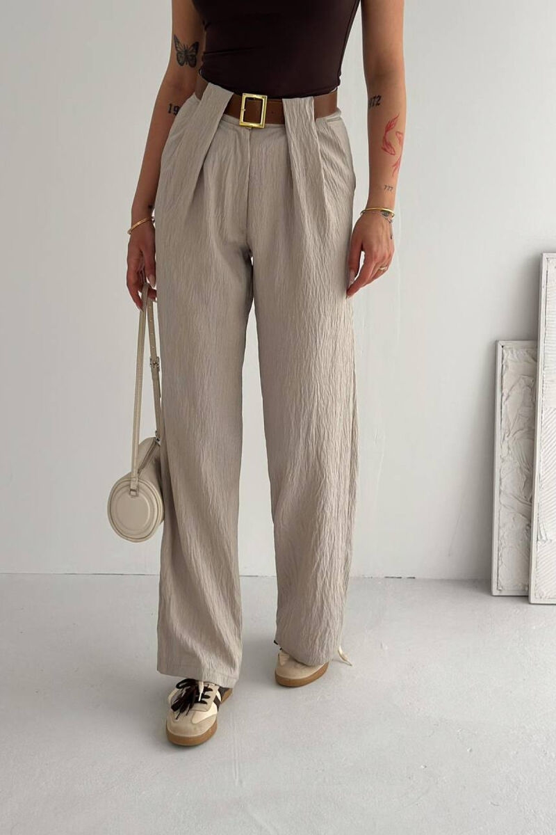 LINEN BLEND BELT DETAIL WOMAN TROUSERS BEIGE/BEZHE - 3