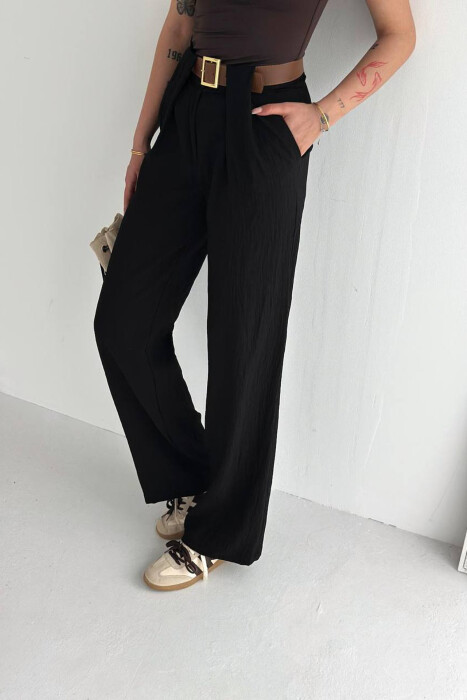 LINEN BLEND BELT DETAIL WOMAN TROUSERS BLACK/ E ZEZE - 4