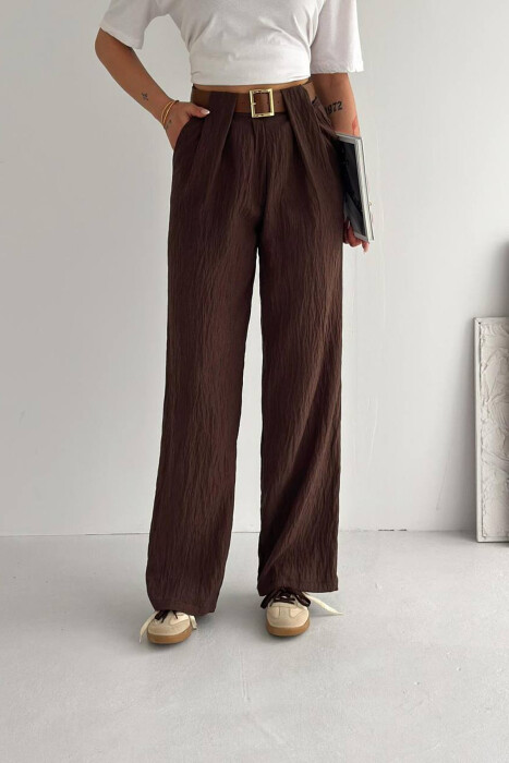 LINEN BLEND BELT DETAIL WOMAN TROUSERS BROWN/KAFE - KLAUDIO FASHION