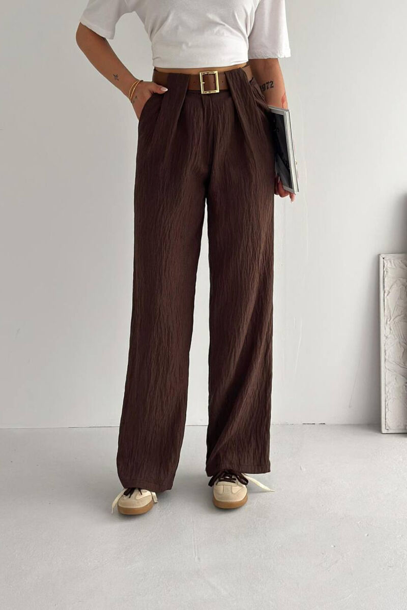LINEN BLEND BELT DETAIL WOMAN TROUSERS BROWN/KAFE - 1