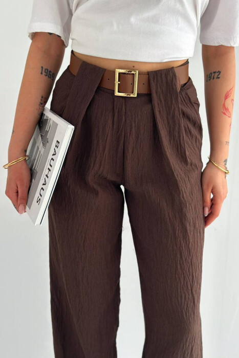 LINEN BLEND BELT DETAIL WOMAN TROUSERS BROWN/KAFE - 2