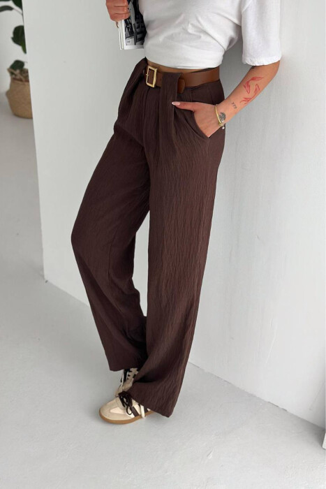 LINEN BLEND BELT DETAIL WOMAN TROUSERS BROWN/KAFE - 3