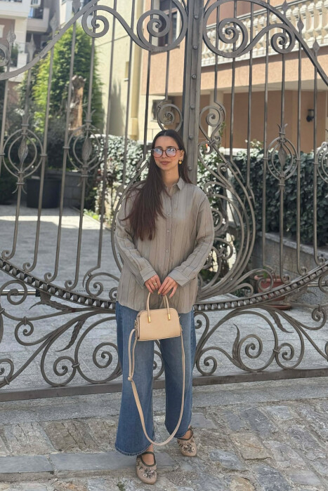 LINEN BLEND SHINY LINES WOMAN SHIRT GREY/GRI - 1