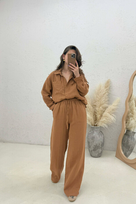 LINEN BLEND SHIRT + TROUSERS WOMAN SET BROWN/KAFE 