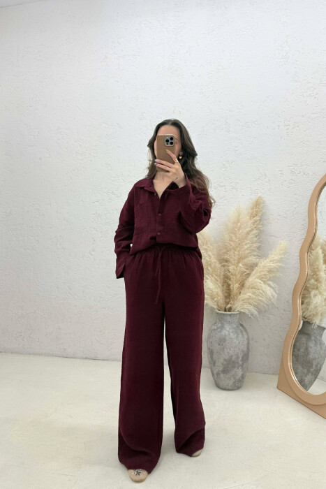 LINEN BLEND SHIRT + TROUSERS WOMAN SET BURGUNDY/VISHNJE - KLAUDIO FASHION
