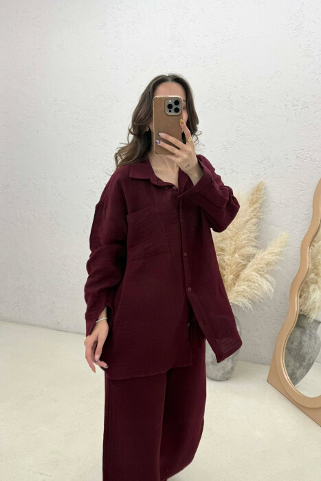 LINEN BLEND SHIRT + TROUSERS WOMAN SET BURGUNDY/VISHNJE - 2