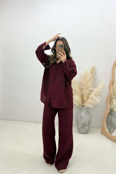 LINEN BLEND SHIRT + TROUSERS WOMAN SET BURGUNDY/VISHNJE - 4