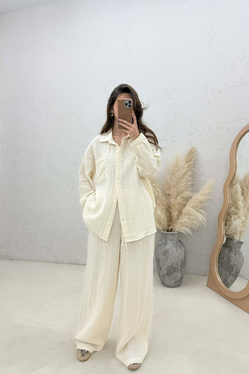 LINEN BLEND SHIRT + TROUSERS WOMAN SET CREAM/KREM - 1