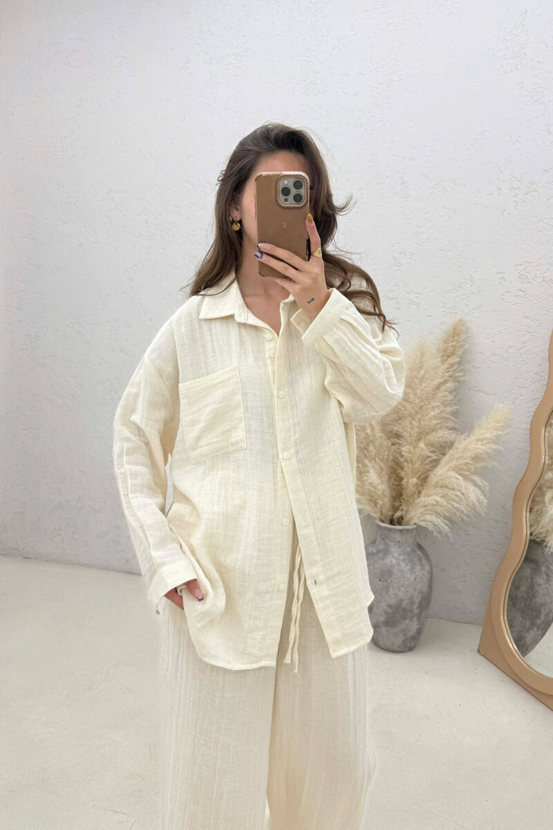 LINEN BLEND SHIRT + TROUSERS WOMAN SET CREAM/KREM - 3