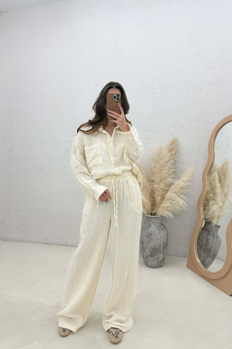 LINEN BLEND SHIRT + TROUSERS WOMAN SET CREAM/KREM - 4