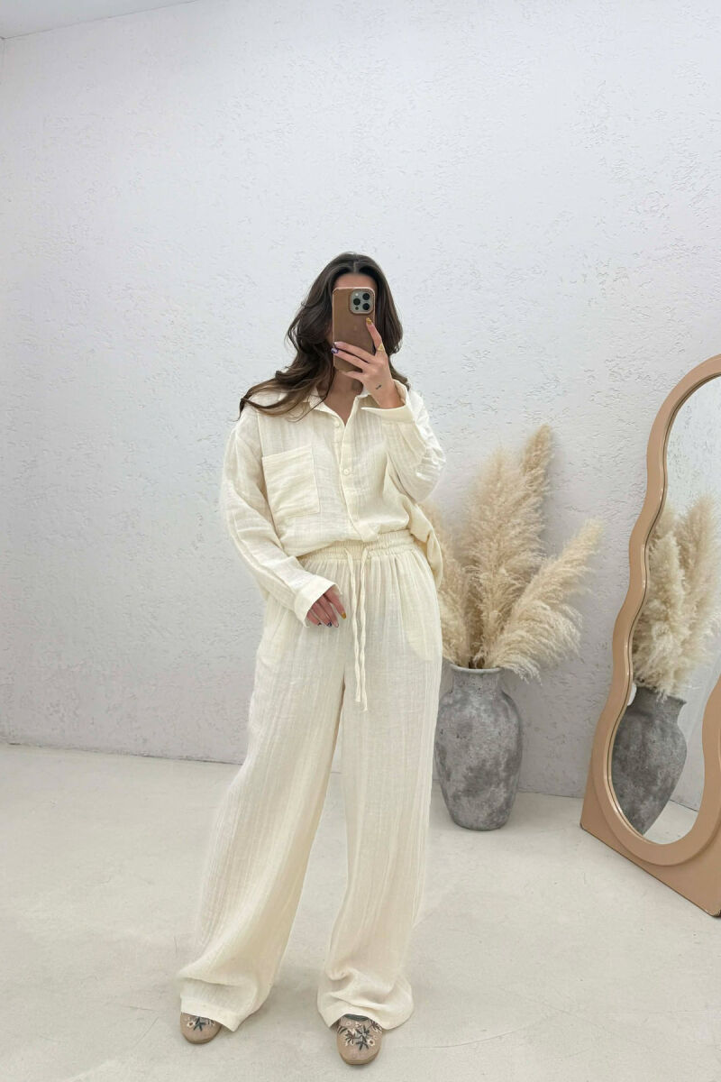 LINEN BLEND SHIRT + TROUSERS WOMAN SET CREAM/KREM - 4