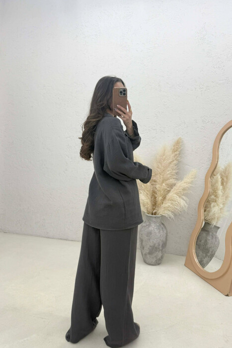 LINEN BLEND SHIRT + TROUSERS WOMAN SET DARK GREY/GEE - 3