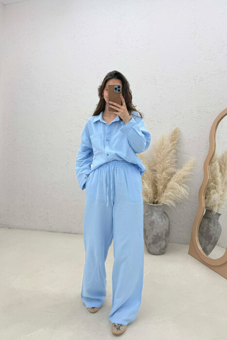 LINEN BLEND SHIRT + TROUSERS WOMAN SET LIGHTBLUE/BZ 