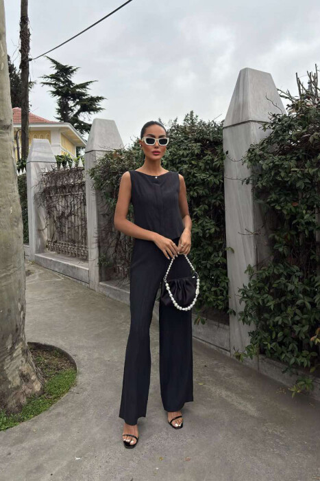 LINEN CASUAL BLOUSE+TROUSERS WOMEN SET BLACK/ E ZEZE 