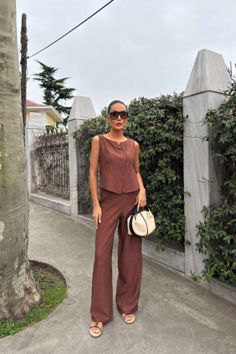 LINEN CASUAL BLOUSE+TROUSERS WOMEN SET BROWN/KAFE 