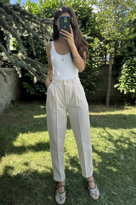 LINEN LINES WOMAN TROUSERS CREAM/KREM - 5