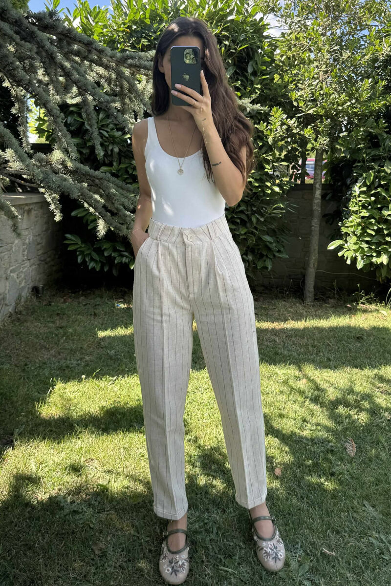 LINEN LINES WOMAN TROUSERS CREAM/KREM - 5
