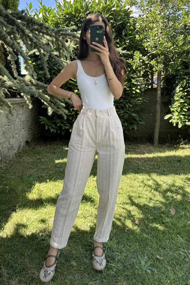 LINEN LINES WOMAN TROUSERS CREAM/KREM - 6