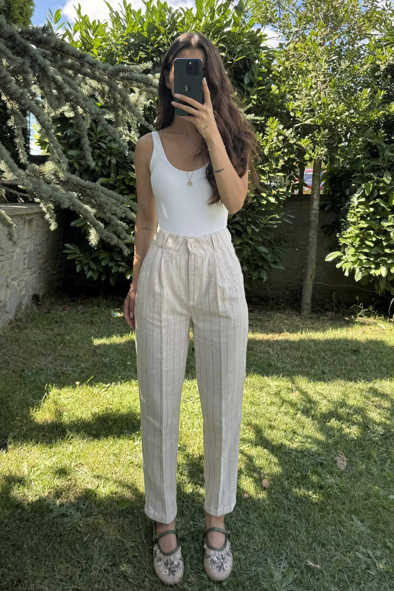 LINEN LINES WOMAN TROUSERS CREAM/KREM - 7