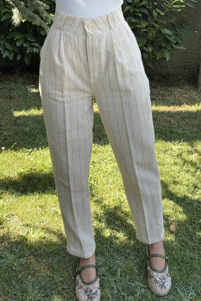 LINEN LINES WOMAN TROUSERS CREAM/KREM - 8
