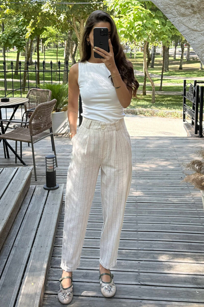 LINEN LINES WOMAN TROUSERS CREAM/KREM - 1