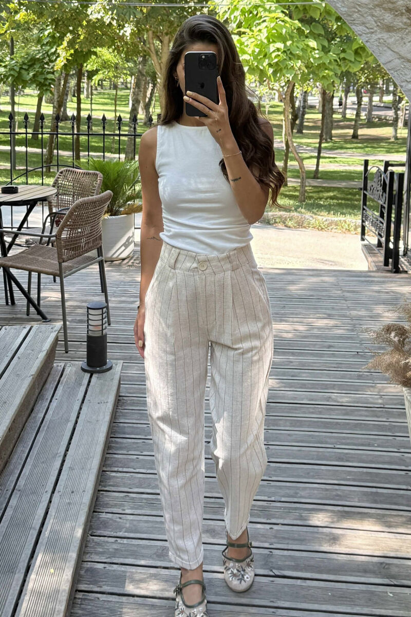 LINEN LINES WOMAN TROUSERS CREAM/KREM - 2