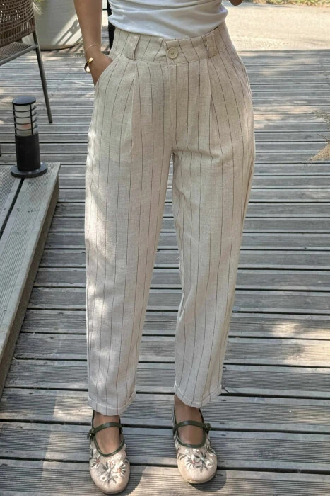 LINEN LINES WOMAN TROUSERS CREAM/KREM - 3