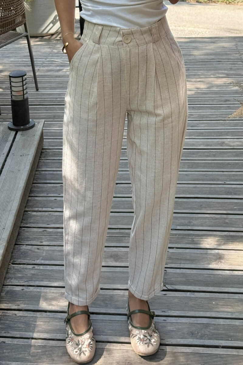 LINEN LINES WOMAN TROUSERS CREAM/KREM - 3