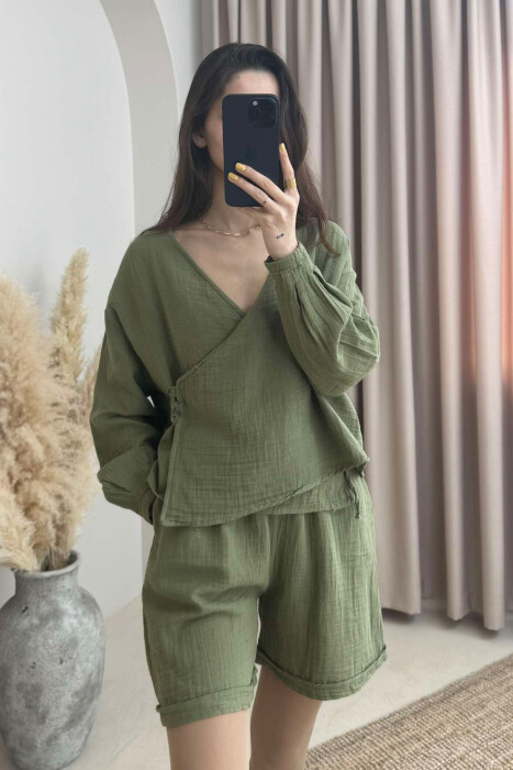 LINEN ONE COLOR SWEATSHIRT+SHORTS WOMEN SET GREEN/JESHILE 