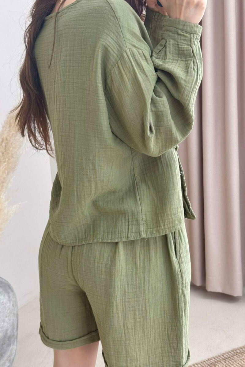 LINEN ONE COLOR SWEATSHIRT+SHORTS WOMEN SET GREEN/JESHILE - 3