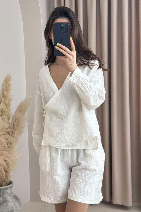 LINEN ONE COLOR SWEATSHIRT+SHORTS WOMEN SET WHITE-E BARDHE 