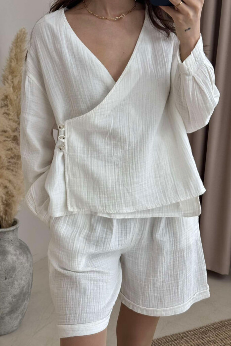LINEN ONE COLOR SWEATSHIRT+SHORTS WOMEN SET WHITE-E BARDHE - 2