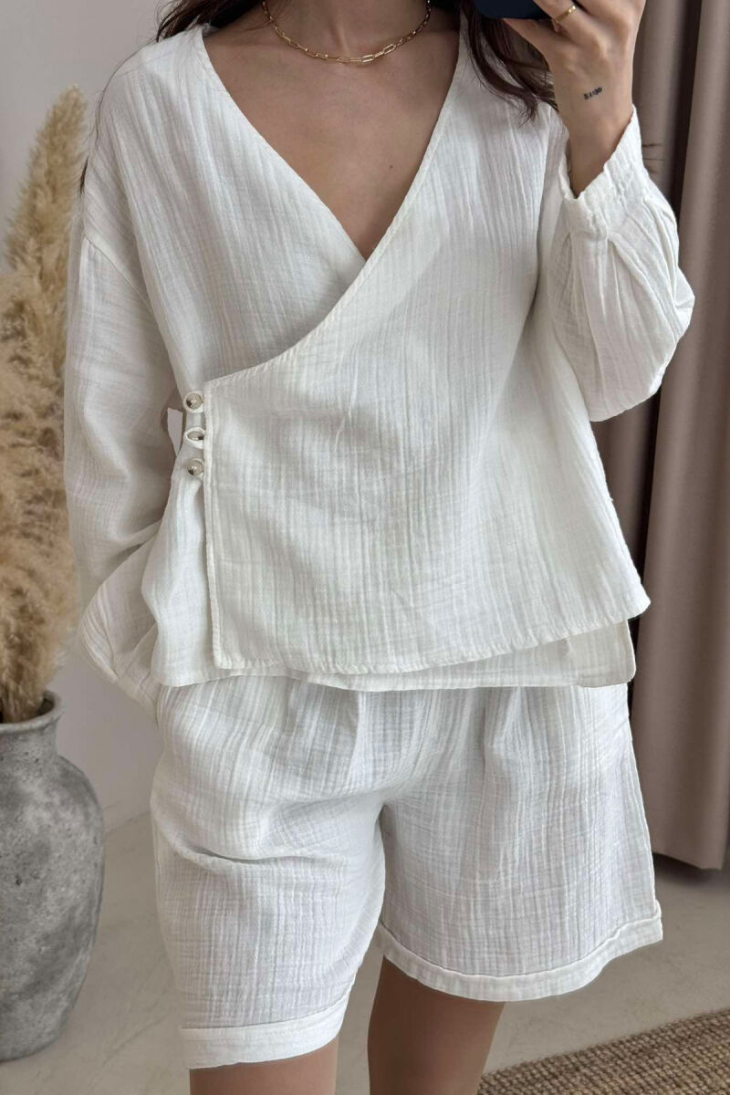 LINEN ONE COLOR SWEATSHIRT+SHORTS WOMEN SET WHITE-E BARDHE - 2