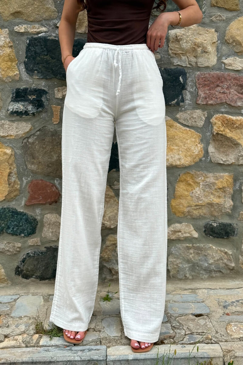LINEN ONE COLOR WOMAN TROUSERS CREAM/KREM - 4