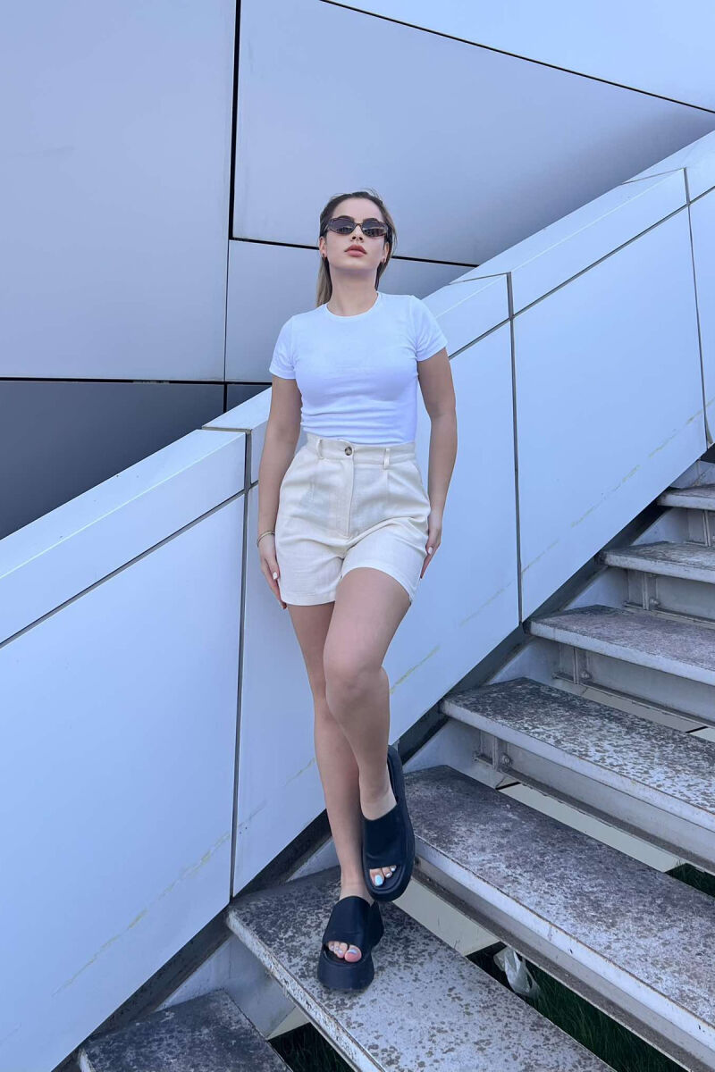 LINEN ONE COLOR WOMEN SHORTS CREAM/KREM - 1