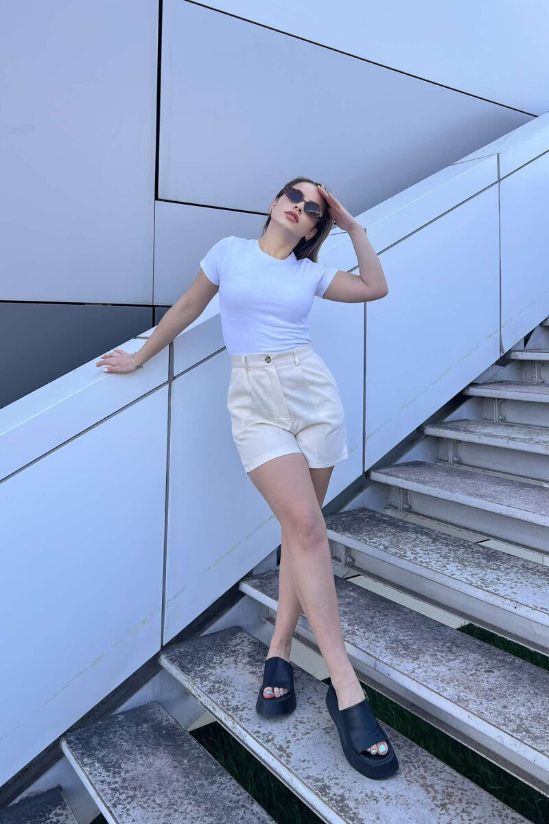 LINEN ONE COLOR WOMEN SHORTS CREAM/KREM - 2