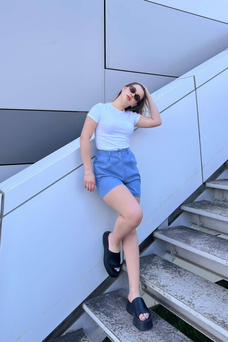 LINEN ONE COLOR WOMEN SHORTS LIGHTBLUE/BZ - 3