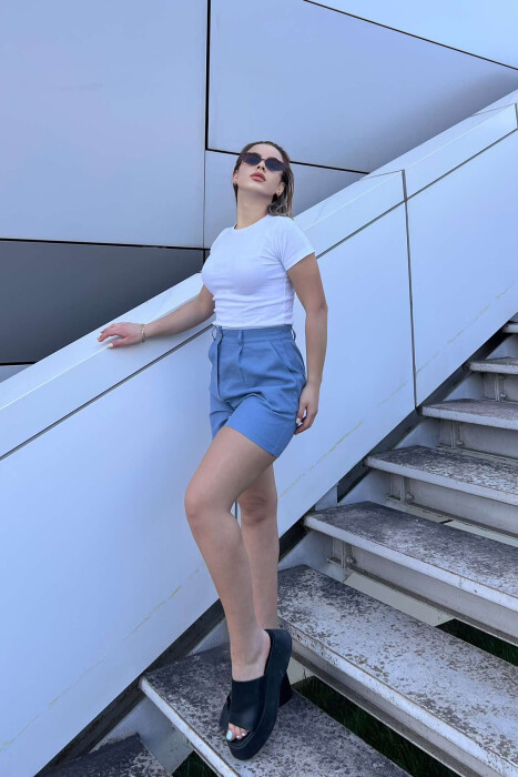 LINEN ONE COLOR WOMEN SHORTS LIGHTBLUE/BZ - 4