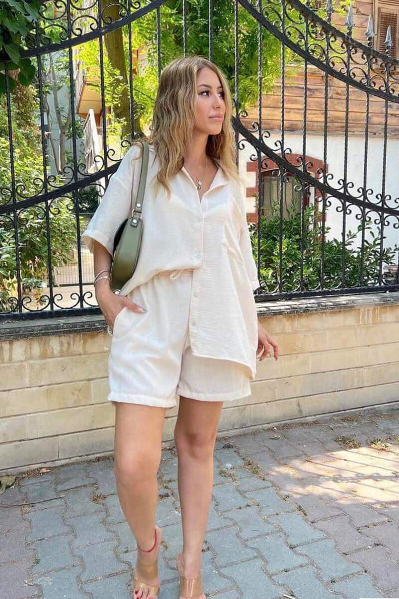 LINEN SHIRT+SHORT TROUSERS WOMAN SET CREAM/KREM - 1