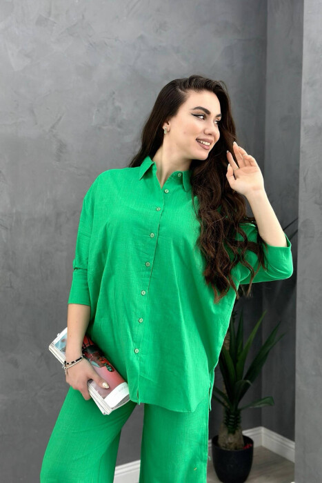 LINEN SHIRT+TROUSERS WOMAN SET LIGHT GREEN/JEZB - 2