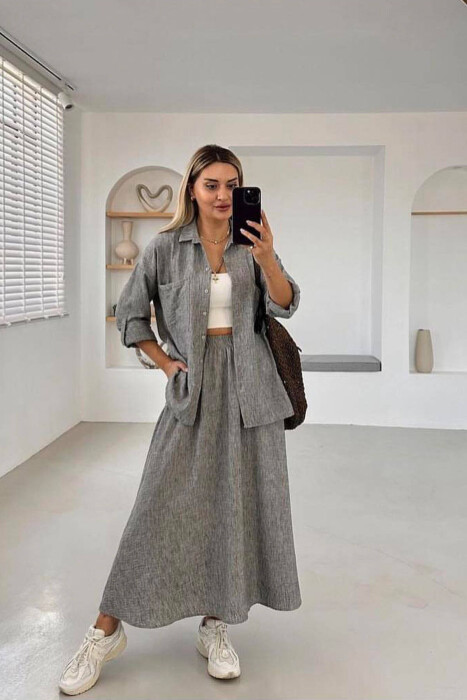 LINEN SKIRT+SHIRT WOMEN VEST GREY/GRI - KLAUDIO FASHION