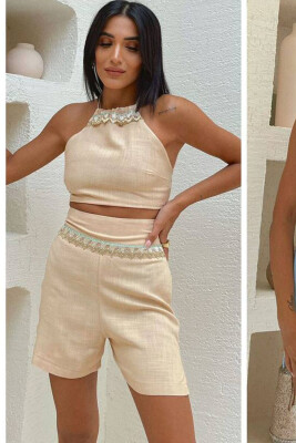 LINEN TOP+SKORTS ONE COLOR WOMAN SET BEIGE/BEZHE 