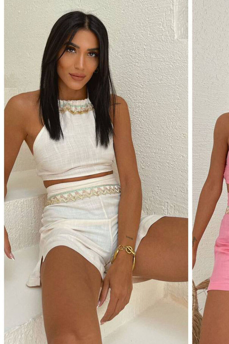 LINEN TOP+SKORTS ONE COLOR WOMAN SET CREAM/KREM - 1