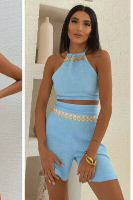 LINEN TOP+SKORTS ONE COLOR WOMAN SET LIGHTBLUE/BZ 