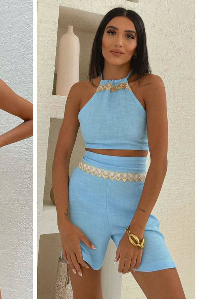 LINEN TOP+SKORTS ONE COLOR WOMAN SET LIGHTBLUE/BZ - 1