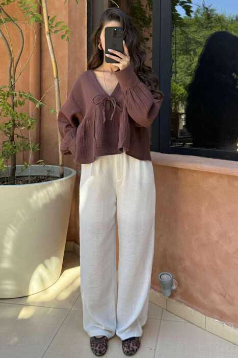 LINEN V NECK ONE COLOR WOMEN SHIRT VINEGAR/UTHULL - 1