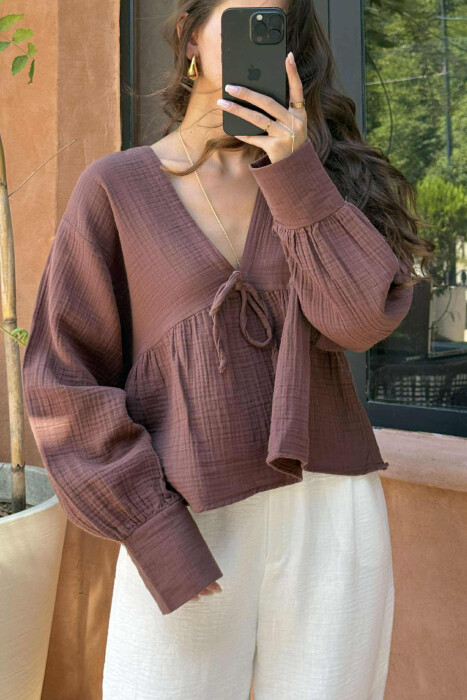 LINEN V NECK ONE COLOR WOMEN SHIRT VINEGAR/UTHULL - 2