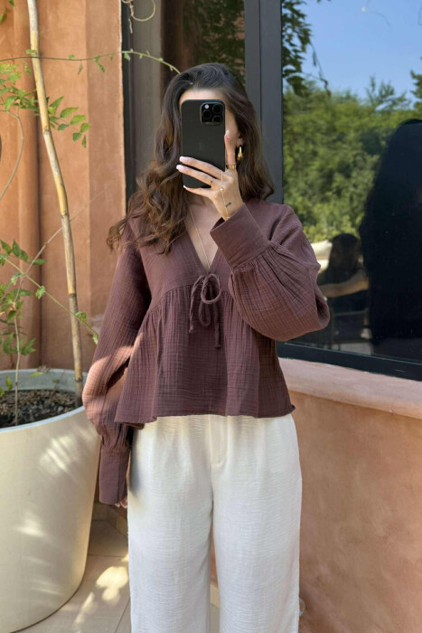 LINEN V NECK ONE COLOR WOMEN SHIRT VINEGAR/UTHULL - 4